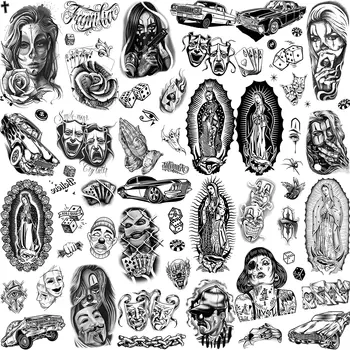 6 fogli Chicano Tatuaggi temporanei per uomini donne adulti, Chicana Guadalupe Gangster Tatuaggi finti Halloween Giorno dei morti Messico
