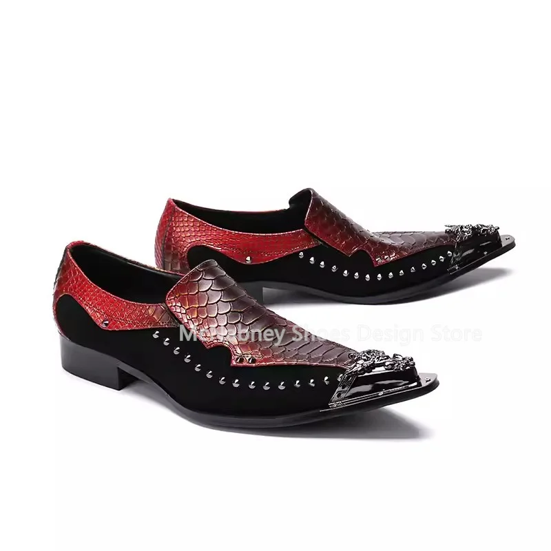 

Metal Pointed Toe Chunky Heel Shallow Male Party Dress Loafers Fashion Mixed Color Rivet Stage Performance Casual Shoes for Men