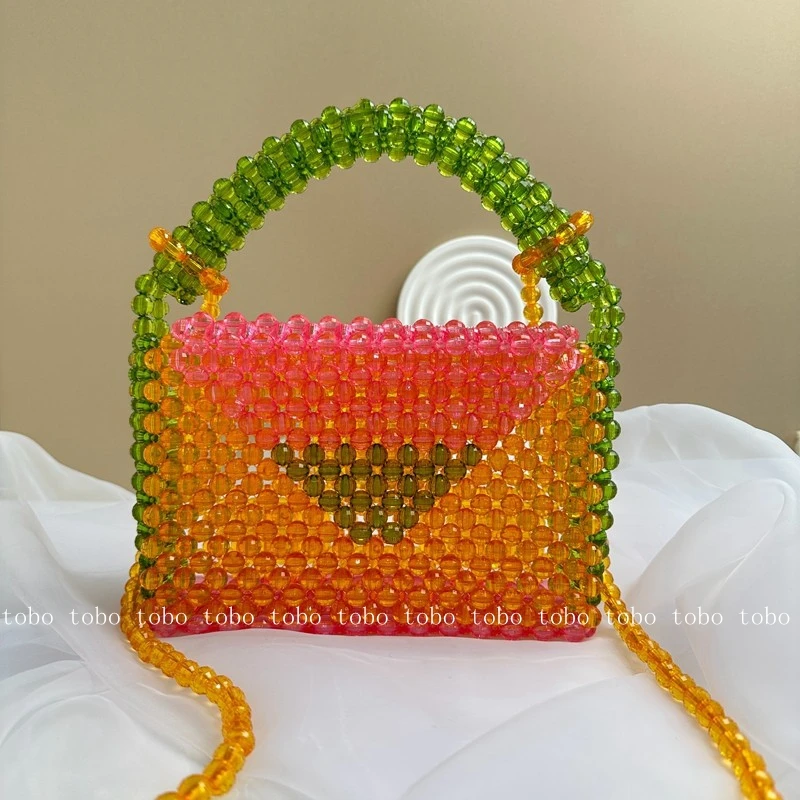 

Woven Clear Color Mix Beads Bags for Women Summer Colour Blocking Transparent Beaded Box Crossbody Purses and Handbags Designer