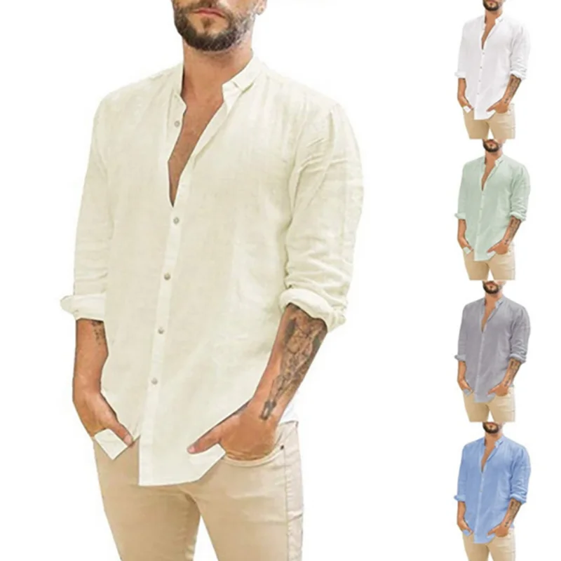 

Large Size 5XL Men's Long Sleeve Shirt Casuals Loose Stand-Collar Shirts Cotton Linen Cardigan Shirts White Green Navy Black Red