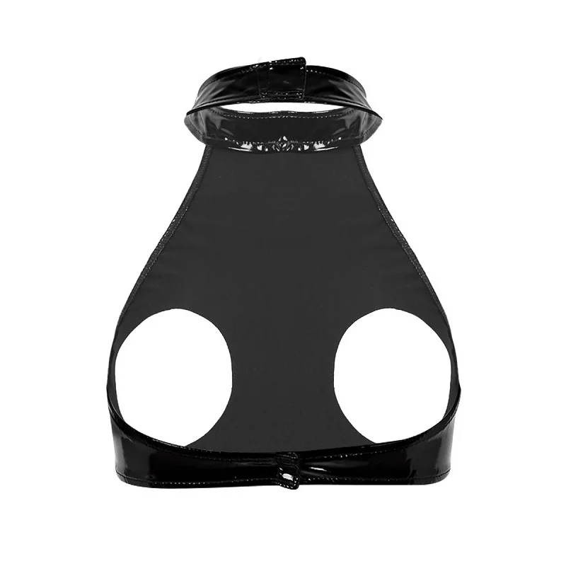 Women PVC Bra Halter Backless Wetlook Fetish Latex Open Chest Bralette Babydoll Underwear Nightwear Tanks