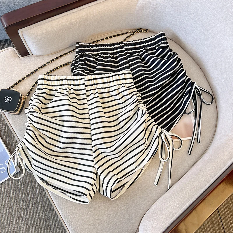 Black White Stripe Side Drawcord Elastic Waist Shorts Women's Summer