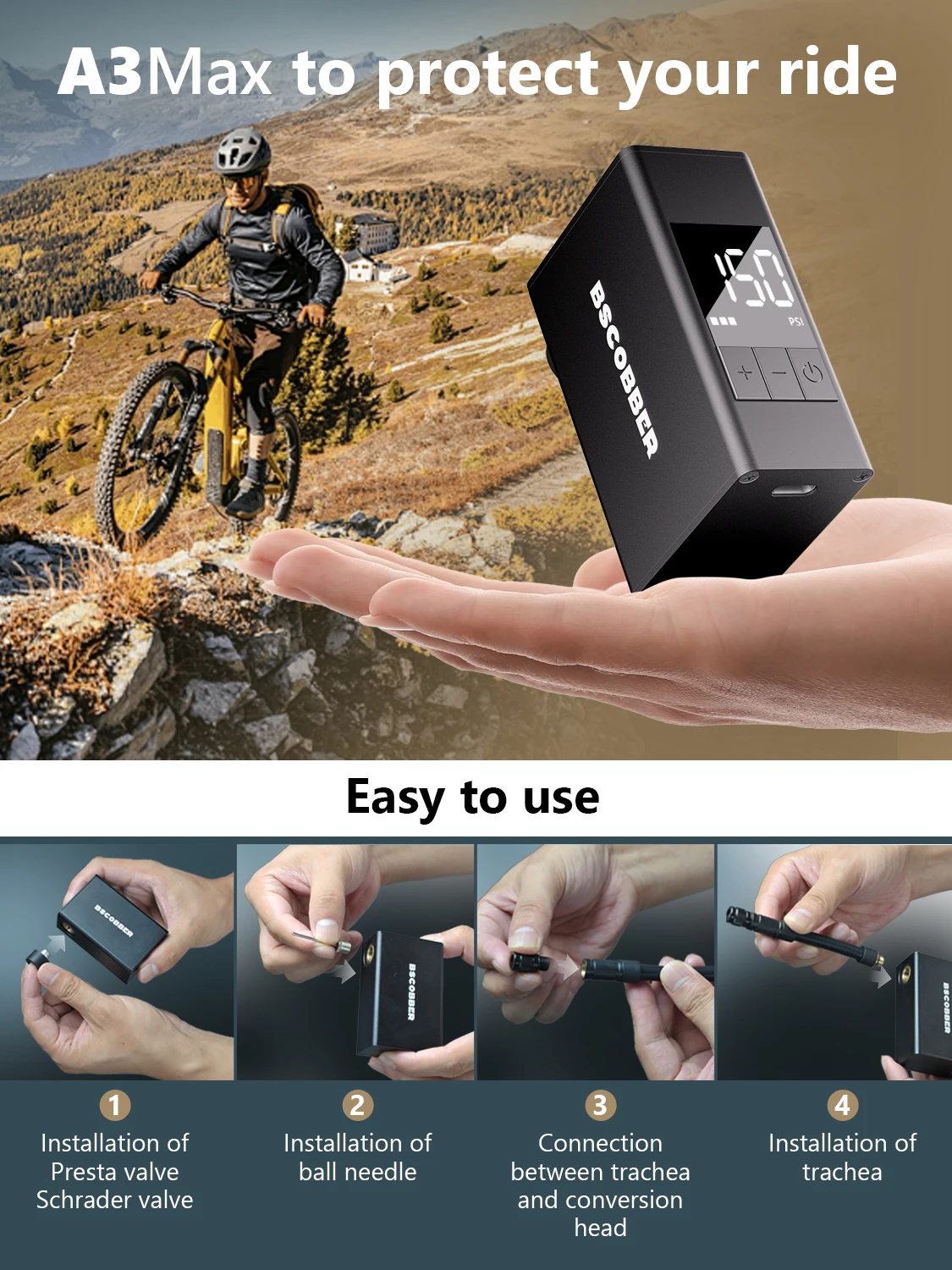 Mini Air Compressor Cycling Pump for Mountain Bike Tires Portable Bike Tire Infl