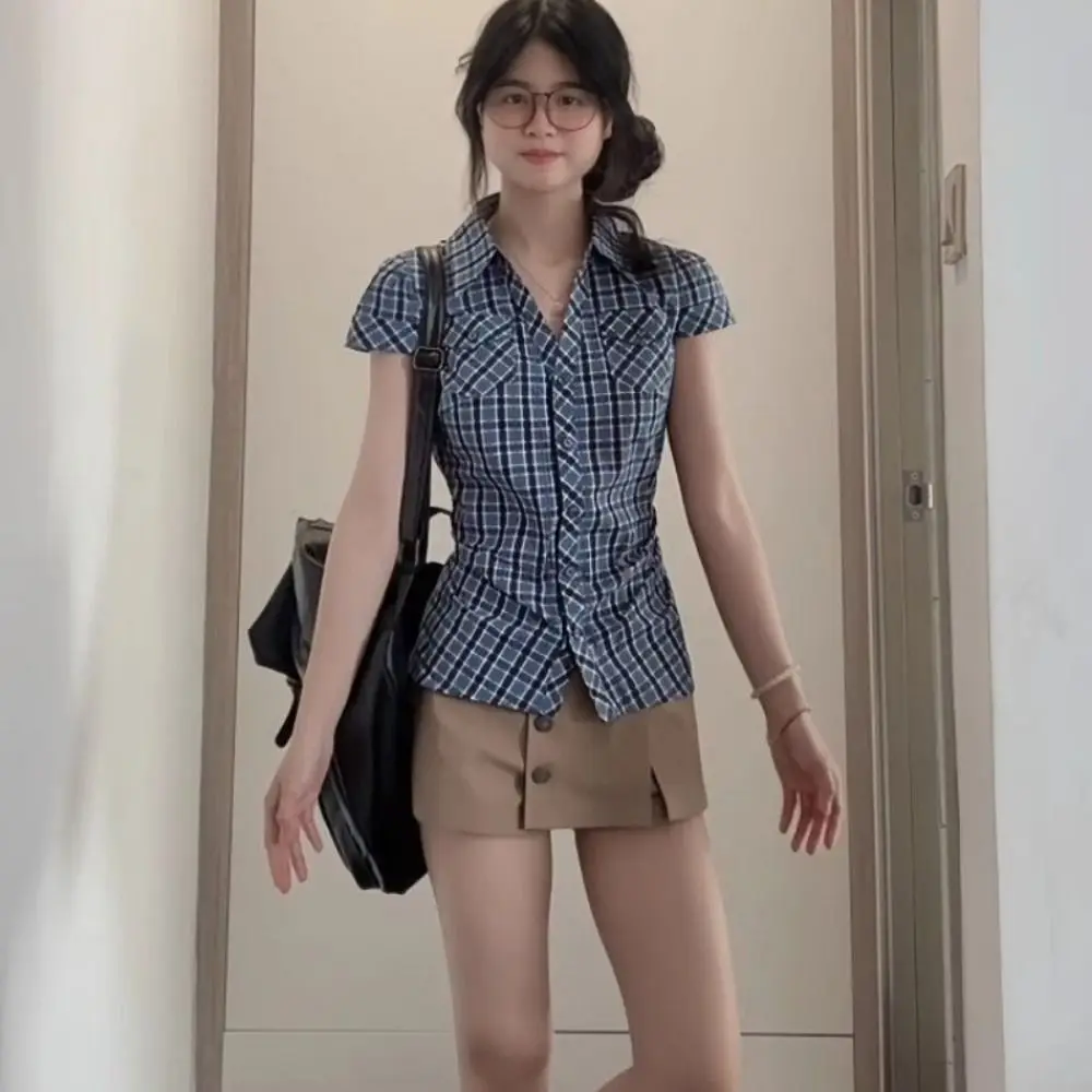 Simple Short Blue Grid Shirt Ruffle Streetwear Women Blue Grid Blouse Korean Style Pink Long Sleeve Tops Girls Gift