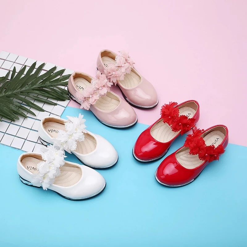 New Kids Shoes Girls Shoes Spring Autumn Princess Leather shoes Wedding Party for Girl Red pink White 3 4 5-14T