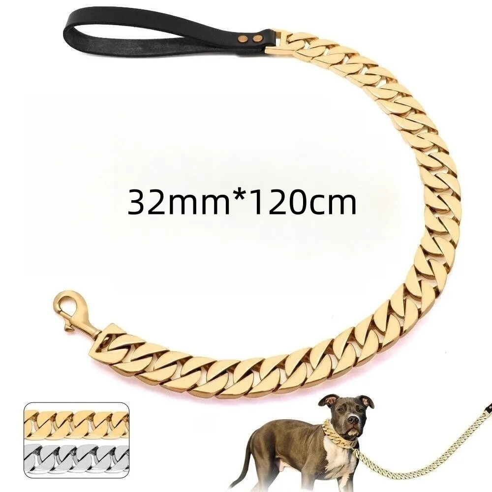 

120cm Stainless Steel Dogs Chain Leash With Leather Handle 32mm Width Heavy Duty Strong Pet Link Chain For Medium Large Dog