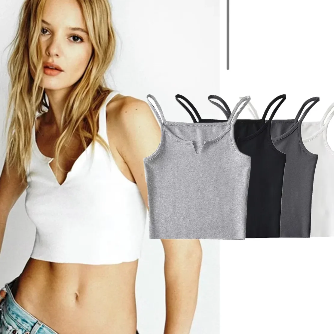 

Dave&Di Blogger High Street Cut V-neck Solid Camisole Summer Tshirts Tank Women Ins Fashion Tshirts Tops