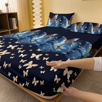 1 Simple modern butterfly printed matte Fitted Sheet, bedroom printed bed cover, bedding (excluding pillowcases) 2