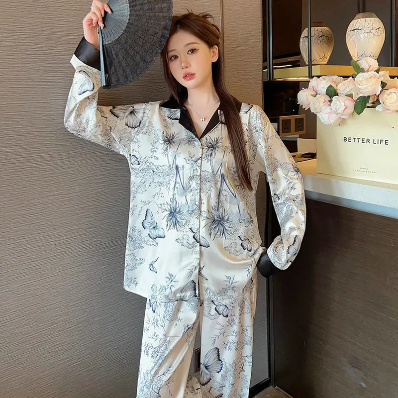 New summer short-sleeved trousers, pajamas, women's cardigans, long-sleeved flowers, satin fashion, thin loungewear