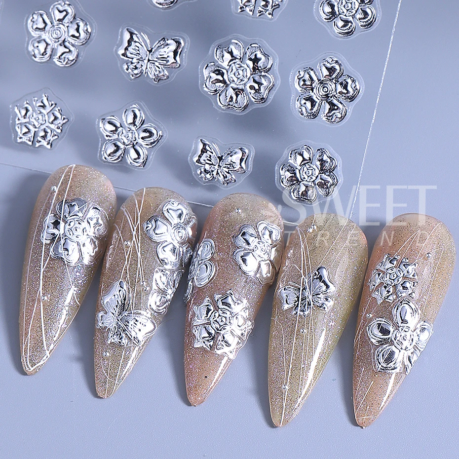 1/3pcs/set 5D Embossed Flower Nail Art Stickers Rose Gold Flower Butterfly Nail Decals Summer Manicure Nail Supplies Decoration