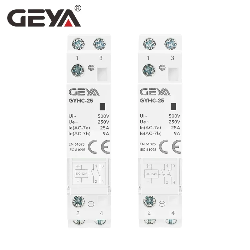 GEYA Din Rail Modular Contactor DC12V DC24V Coil Voltage 25A 2NO 2NC 1NO1NC 50/60Hz AC220V Contactor DC