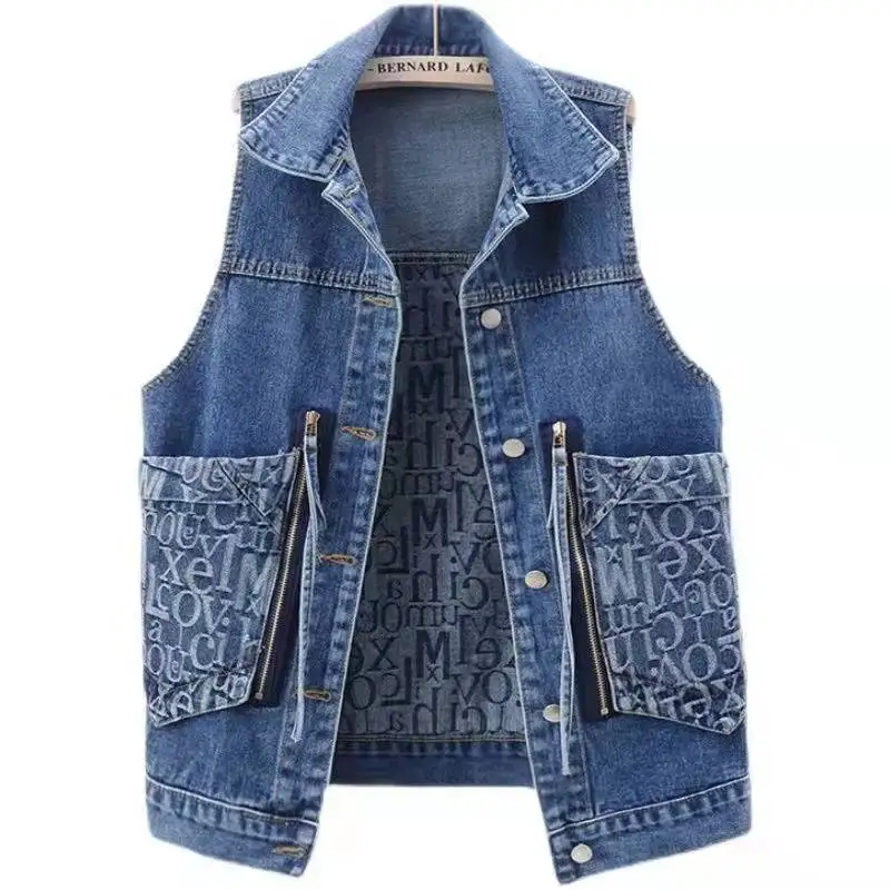 Single breasted Denim Vest Jacket Women's spring Sleeveless Jeans letter Waistcoat Vests Women
