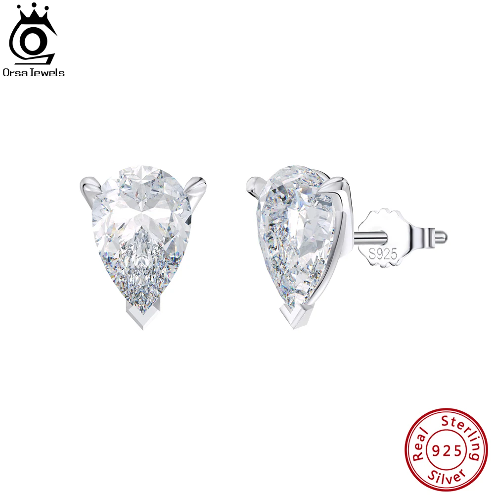 ORSA JEWELS 925 Sterling Silver Pear-Cut Zircon Stud Earrings for Women Fashion 8A Premium CZ Earrings Anniversary Jewelry LZE02