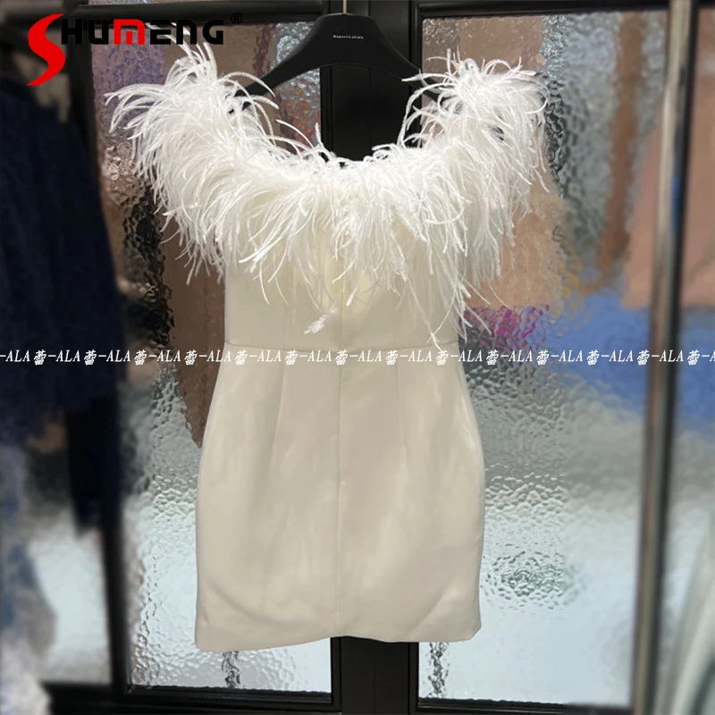 

2024 New High-Grade Off-Shoulder Tight Waist Sheath Dress Spring Summer Elegant Graceful Ostrich Fur Fashion Vestidos De Mujer