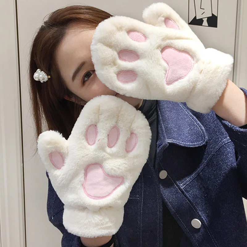 Kawaii Women Cat Bear Gloves Fashion Girls Cat Claw Paw Plush Mittens Warm Soft Plush Full Finger Fluffy Winter Gloves Costume