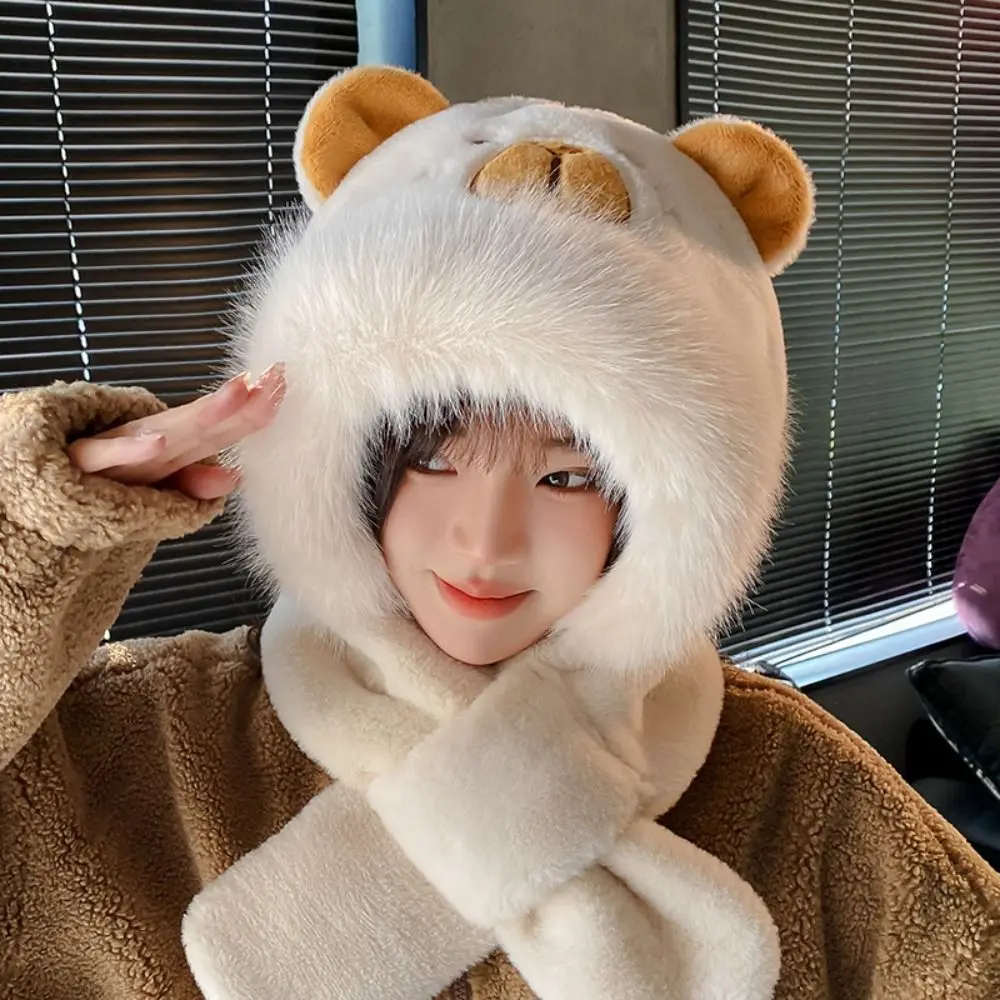 Trendy 3 in 1 Capybara Hat Scarf Set Cartoon Panda Scarf Hat Glove for Women Soft Ear Protection Furry Scarf Cap Set Girls 4
