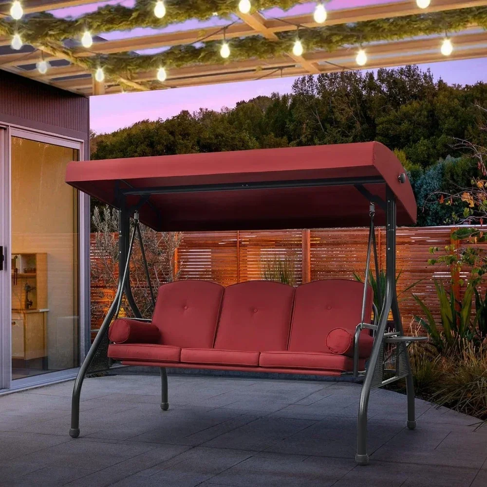 

Outdoor Swing, 3-Seat Porch Patio Swing with Adjustable Canopy, Thickened Cushion, Pillow and Foldable Side Tray, Patio Swing