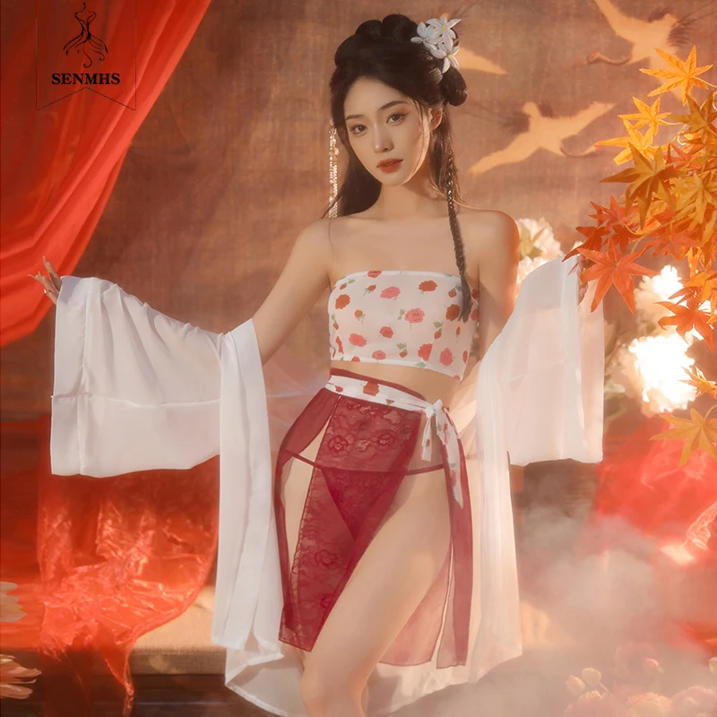 

SENMHS Women's Erotic Perspective Lingerie Floral Bra Vintage Lace Strap Skirt Sexy Fairy Maiden Cosplay Nightwear Stage Costume