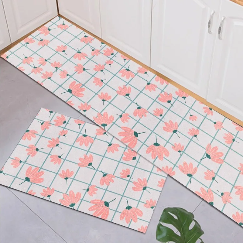 PVC Kitchen Floor Mat Floral Pastoral Fresh Waterproof Oil-proof Bathroom Runner Carpet Non-slip Dirty Resistant Balcony Rugs 러그