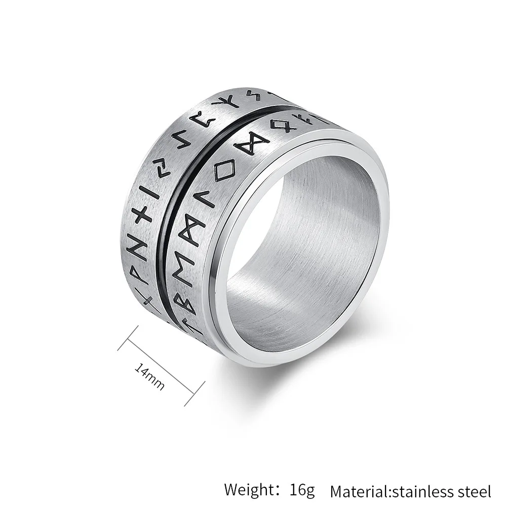 Stainless Steel Rings Minimalist Ring Nordic Viking Rune Letter Symbol Spinner for Men Rotable Anxiety Amulet Fidget Stress Release Nordic Jewelry Gift