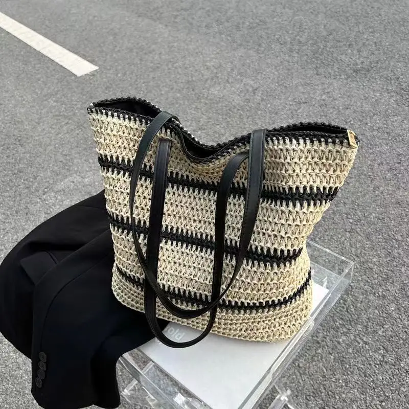 

New Casual Female Shoulder Handbag Tote Summer Straw Shoulder Bags for Women Striped Woven Seaside Beach Vacation Shopping Bags
