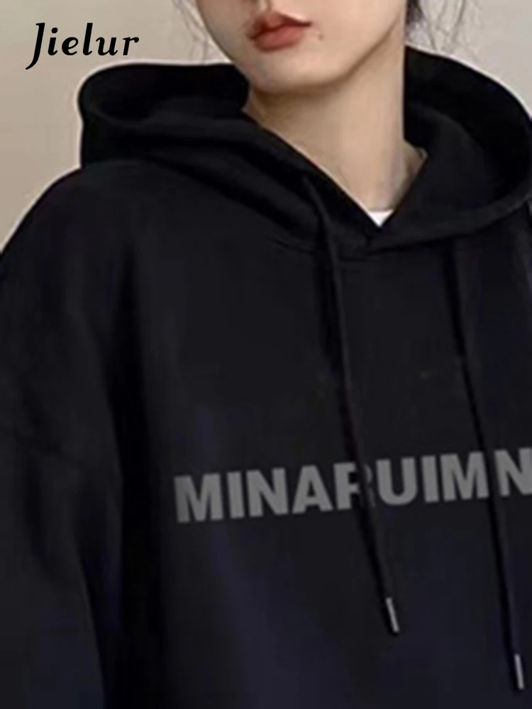 Jielur Hooded Black Letter Printed Fashion Female Hoodies Solid Color Sport Drawstring Chic Pockets Simple Women's Sweatshirts