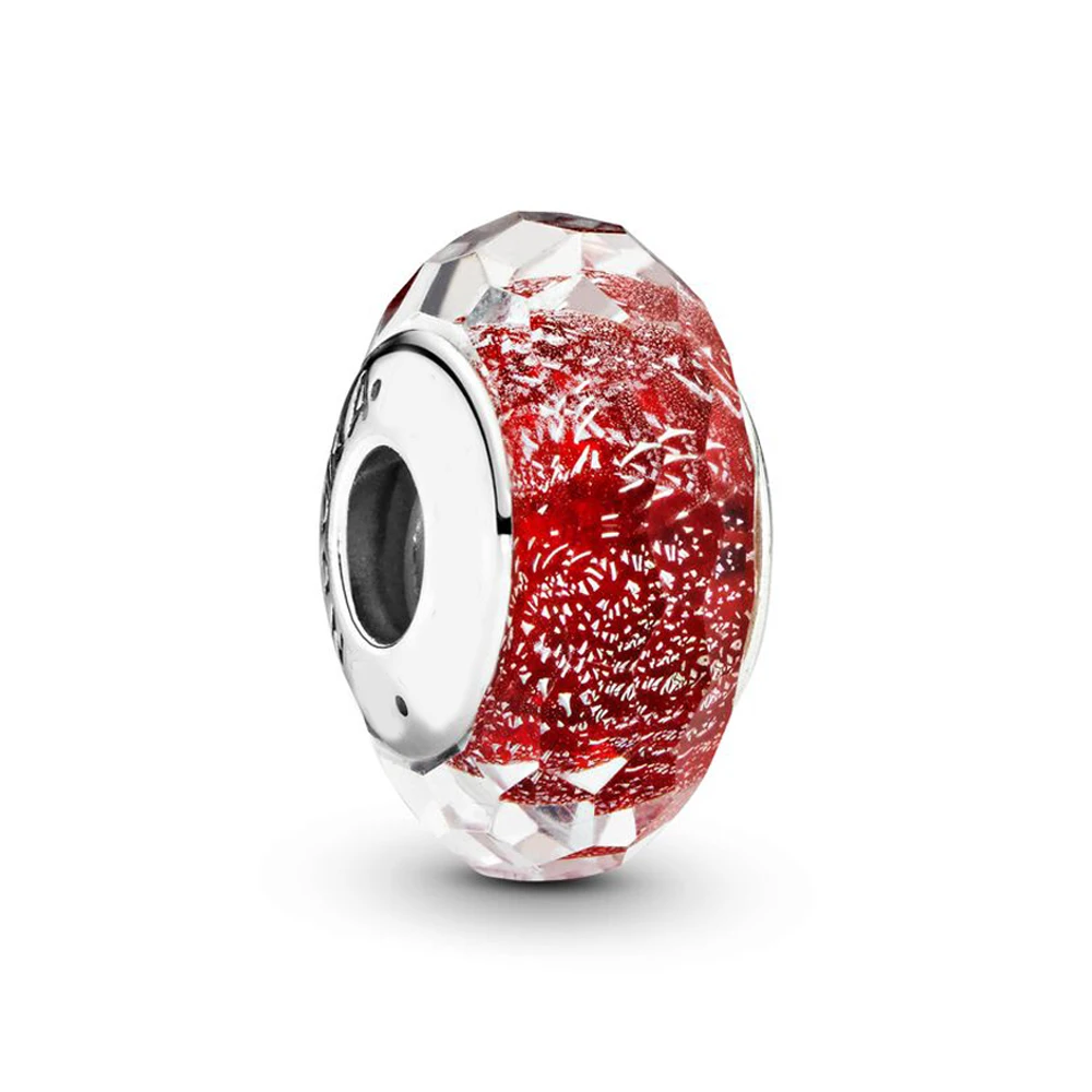

Authentic 925 Sterling Silver Bead Red Shimmering Faceted Murano Glass Charm Fit Pandora Women Bracelet Bangle Gift DIY Jewelry