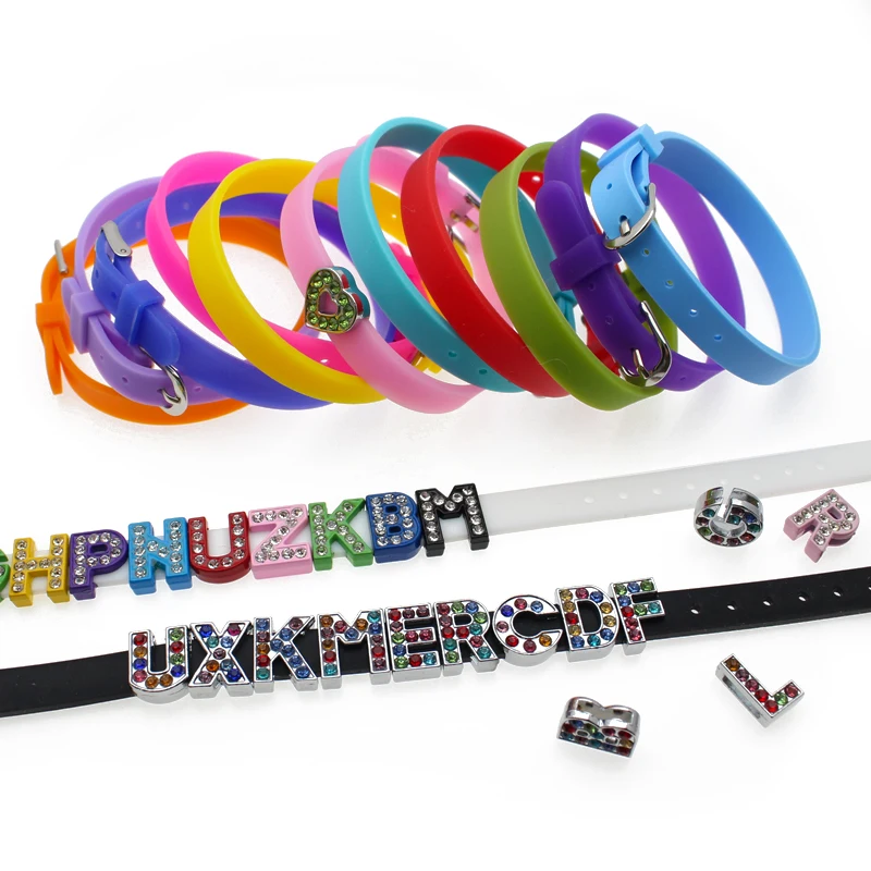 Wholesales 10pcs Colorful 8mm Silicone Wristband 8x210mm DIY Accessories Bracelet Fit 8mm Slide Charms Letters 5