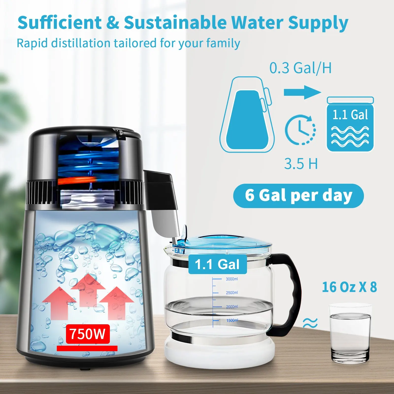 VEVOR-Distillateur d\'Eau avec Affichage de la Minuterie et de la Température, Appareil Ménager Argenté, Purificateur avec Filtre, 4l, 1l/h