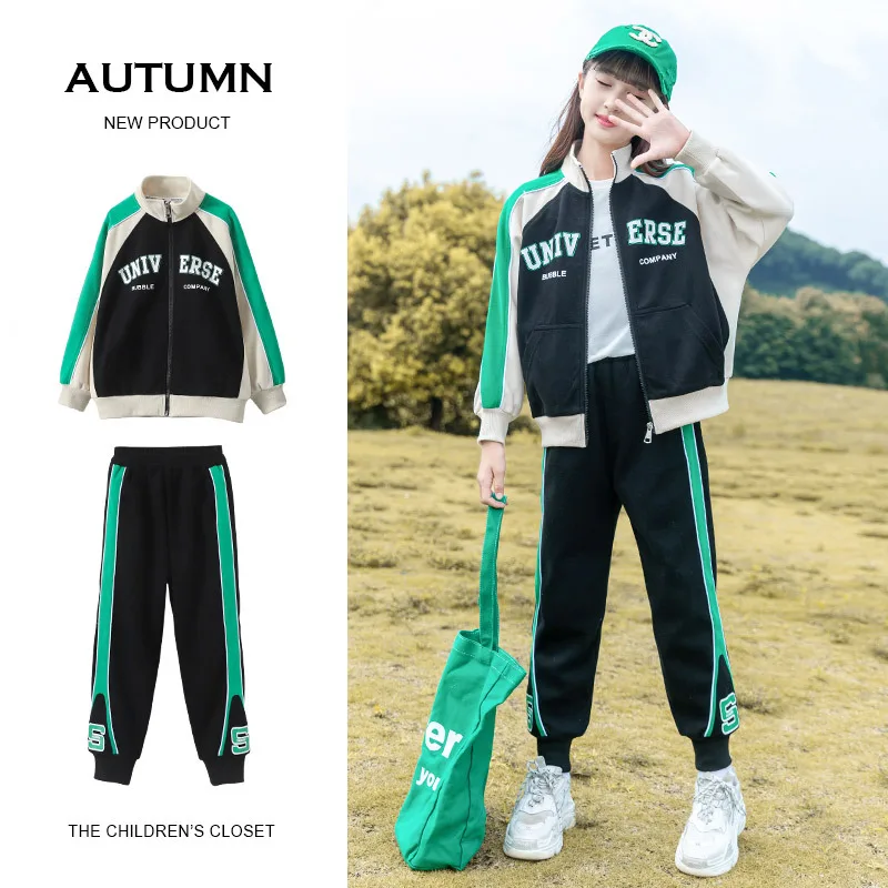 

Spring Autumn School Girl Tracksuit Junior Girl Zipper Sweat Jackets+Striped Sweatpants Child Jogging Workout Sets 4-12Years
