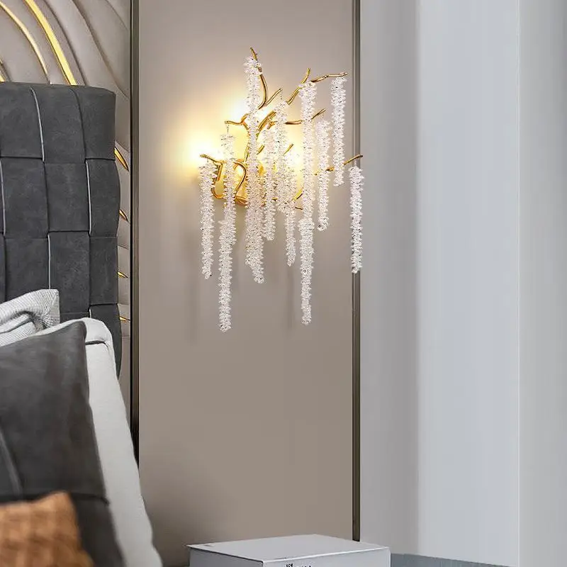 

Modern Crystal G9 LED Wall Lights Cherry Blossoms Branches Sconce For Parlor Bedroom Dining Gold Aluminum Designer Art Deco