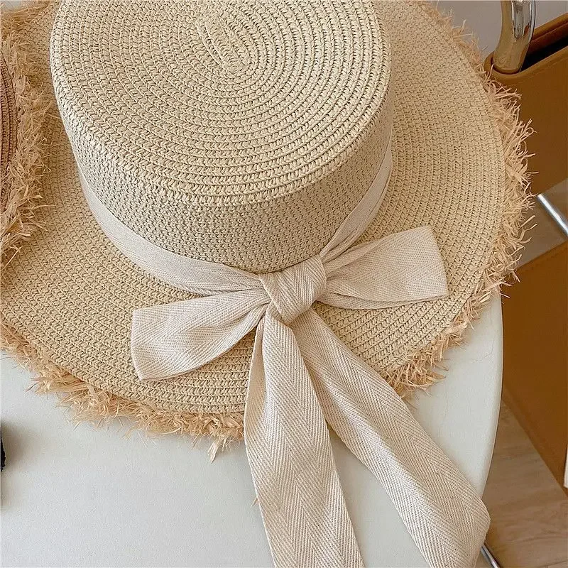 Beach HatJapanese Everything Hairy Edge Straw Hat Female Summer Flat Top Outing Sun Hat Small Fresh Bow Sun Shade Beach