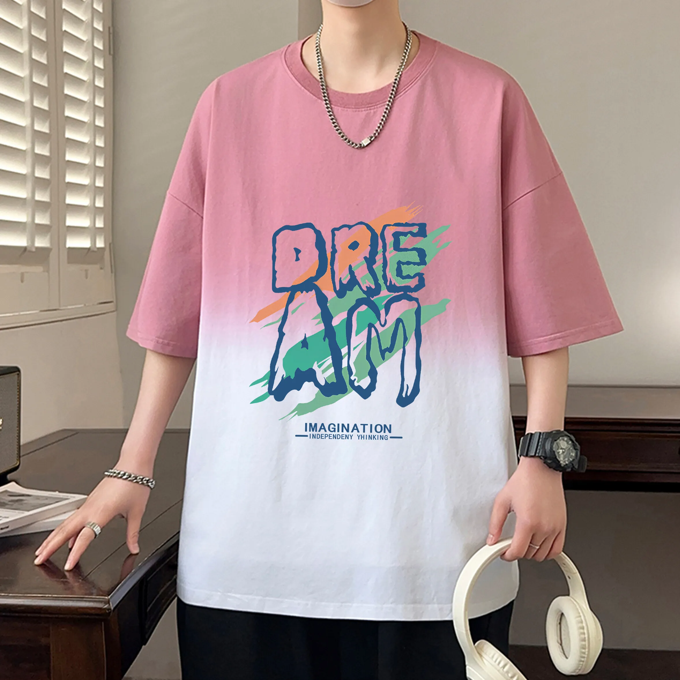 Modische Herren-Baumwoll-T-Shirts 2026 Sommer Lässige Farbverlauf-T-Shirts Jugend Kurzarm-Oberteile Kleidung Teen Streetwear Pull-On T-Shirt