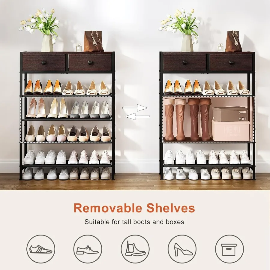 Shoe Rack 5 Tier Shoe Organizer with 2 Drawers Metal Shoe Storage for 1620 Pairs of Shoes with Fabric Shelves and Wooden Top Na