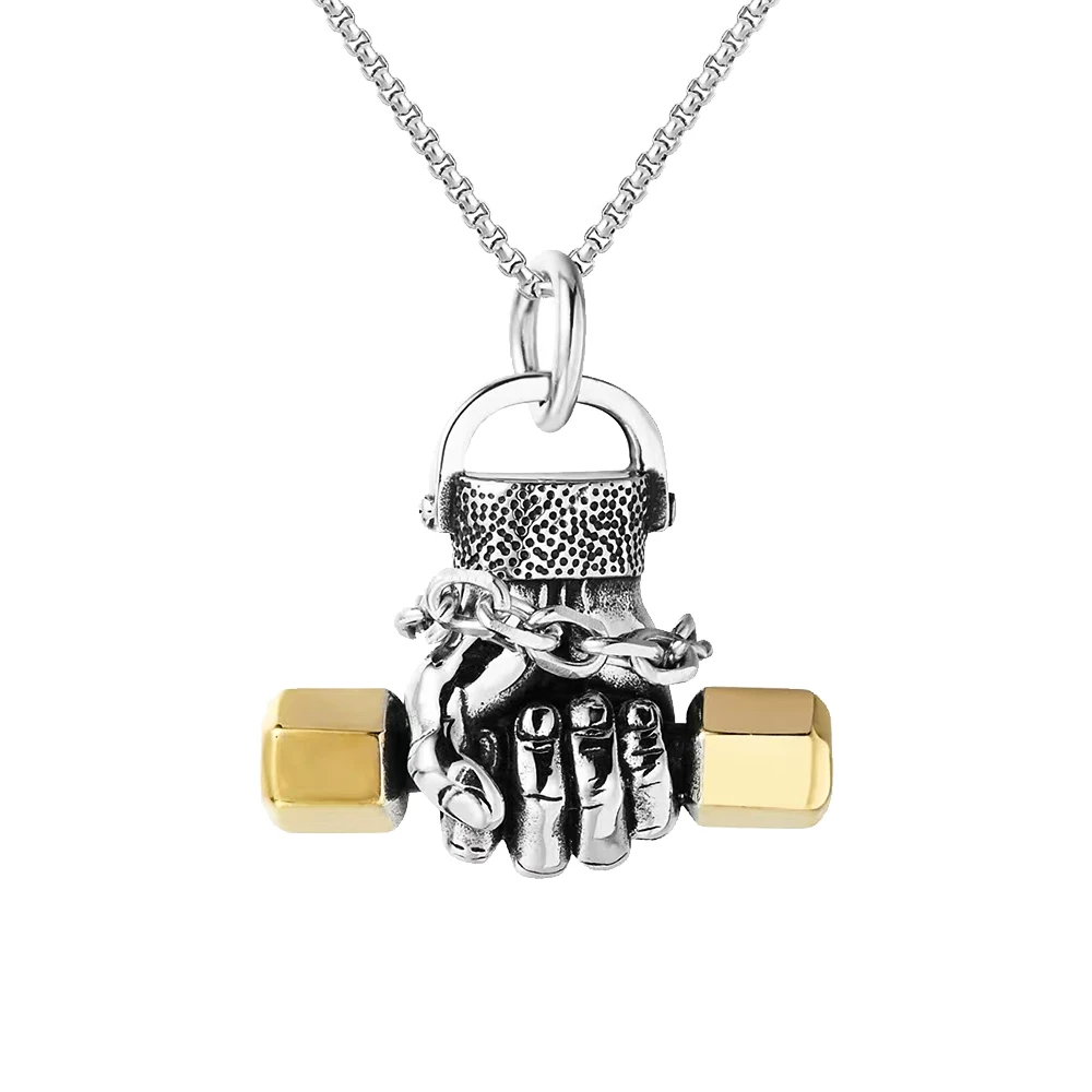 COOLSTEELANDBEYOND Mano Sollevamento Pesi Bilanciere Manubrio Ciondolo, Collana con Pendente Uomo, Acciaio, Catena 75CM, Argento Colore