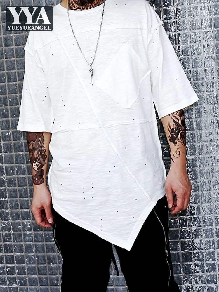 

High Street Men Summer Hip Hop Irregular Tees Tops Casual Hole Ripped Half Sleeve T-Shirt Gothic Fashion Pullover Top Clothes