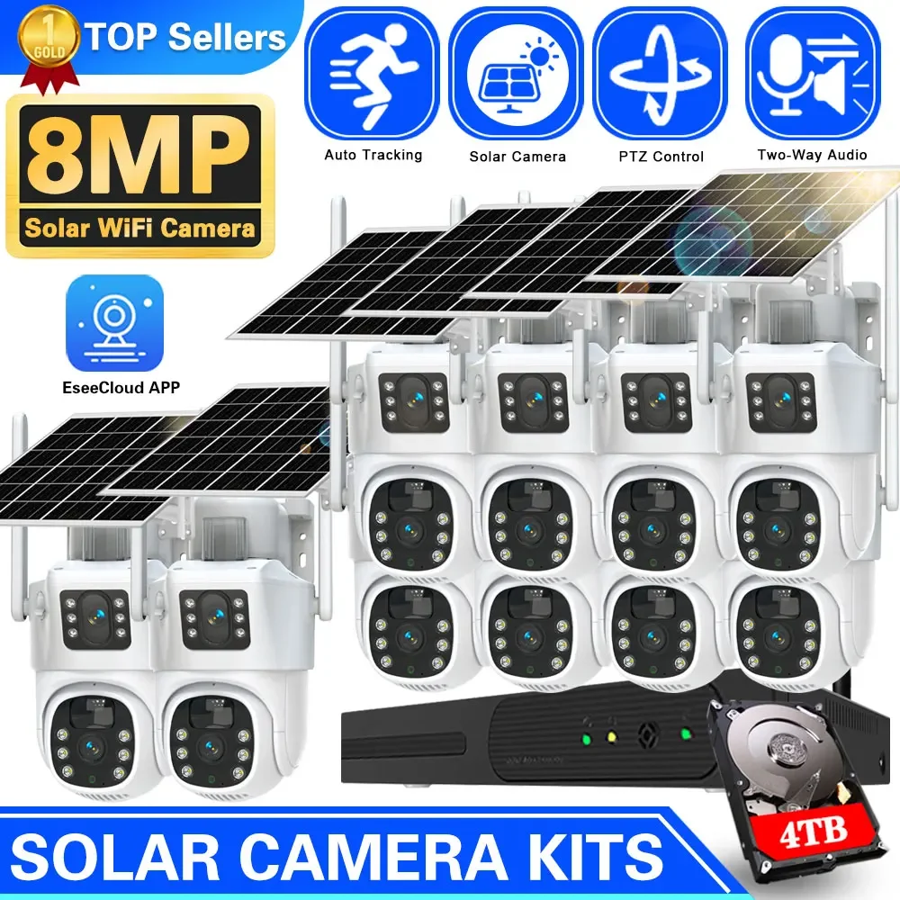 

4K 8MP Dual Lens Wifi Solar CCTV Camera System 10CH Wireless NVR Kit Two-Way Audio PTZ IP Security Camera Video Surveillance Set