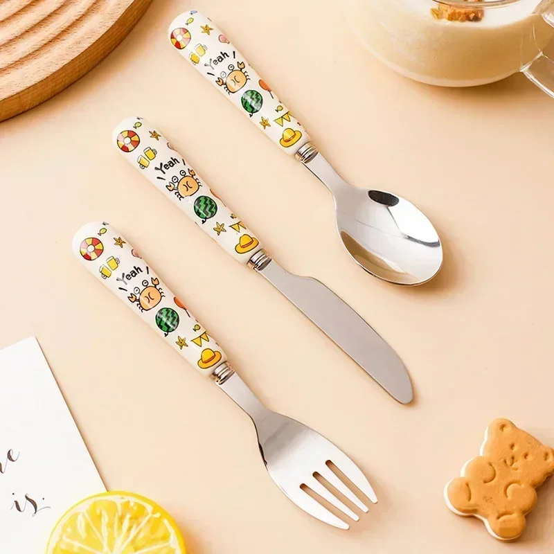 3pcs/lot Baby Spoon Fork Set Stainless Utensil Children's Tableware Training Spoon Feeding Tableware Soft Kitchen Accessories