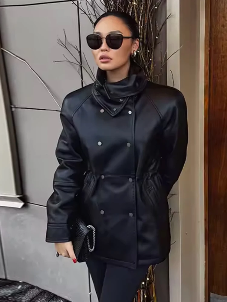 Women's Jacket Autumn 2025 New Fashion Leather Slim Jackets For Women Long Sleeve Stand Collar Coat Street Casual New Outerwear