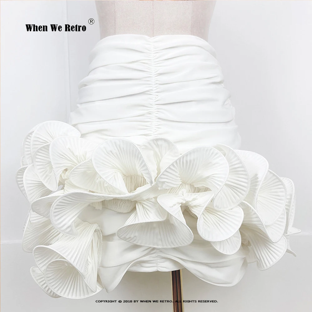 

New French 3D Flower Satin Skirts High Waist Asymmetrical Ball Gown White Short Ruffle Skirts Summer Wrapped Hip Mini Jupe RS577
