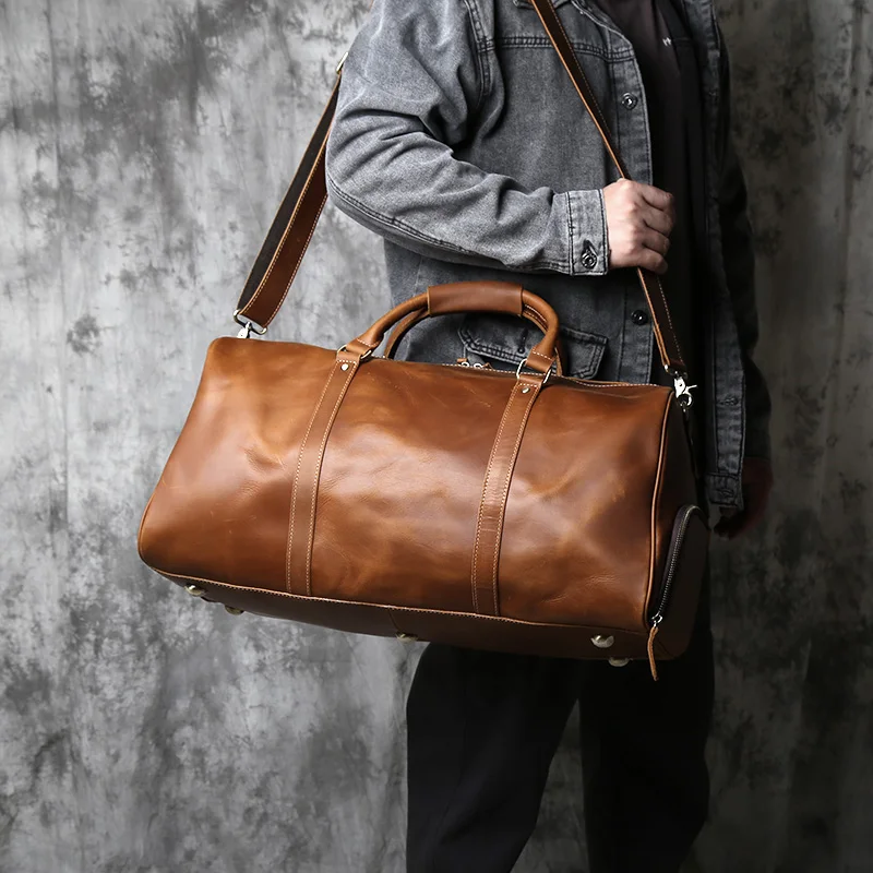 NZPJ Vintage Genuine Leather Men's Travel Bag Large Capacity Luggage Bag Crazy Horse Leather Handbag Natural Cowhide Crossbody