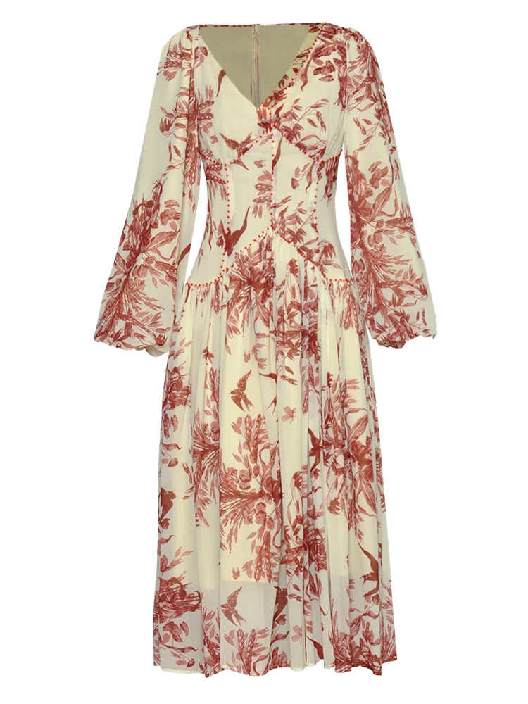 

Dresses Women's New Spring Autumn High Quality Fashion Party Printed Boho Chic Sexy Girls Elegant Casual Beading Midi Dress