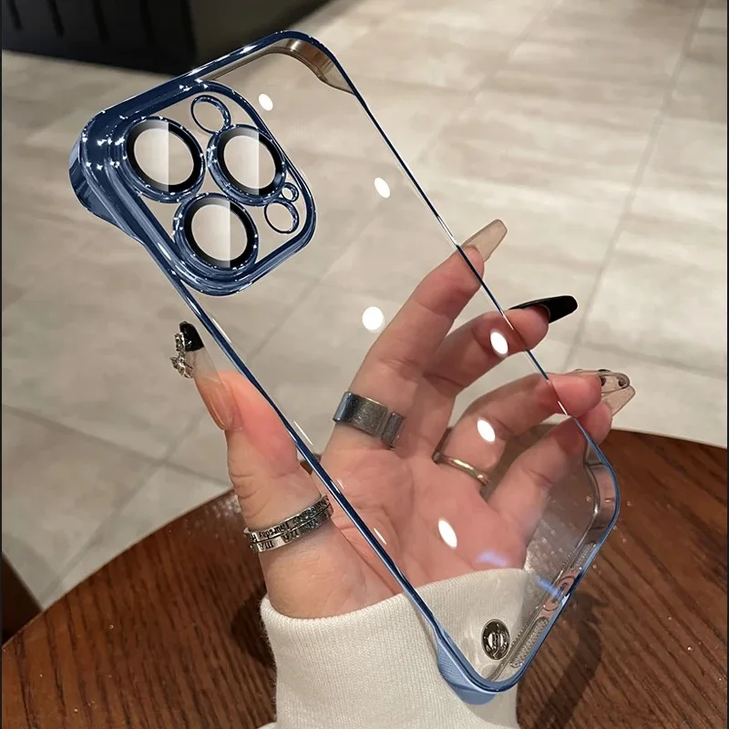 Luxury Plating Transparent Frameless Ultra Thin Case for iPhone 15 14 11 12 13 Pro Max Plus Clear Hard Camera Protection Cover