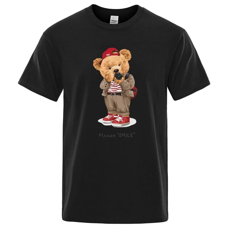 

Fashion Teddy Bear Taking Your Photo Print T-Shirt For Men Loose Oversize Clothing Crewneck Cotton Short Sleeve Male 80399