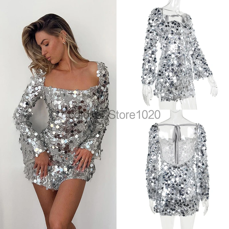 

2024 Glitter Sequin Mini Dress For Women Fashion Shiny Elegant Backless Long Sleeve Hight Slit Bodycon Dresses Sexy Clubwear