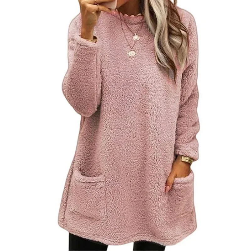 Autumn Winter O Neck Pullover Plush Hoodie Women Daily Commuter Casual Double Pockets Splice Hem Sweatshirt Female Long Warm Top 2