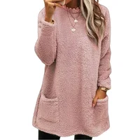 Autumn Winter O Neck Pullover Plush Hoodie Women Daily Commuter Casual Double Pockets Splice Hem Sweatshirt Female Long Warm Top 2