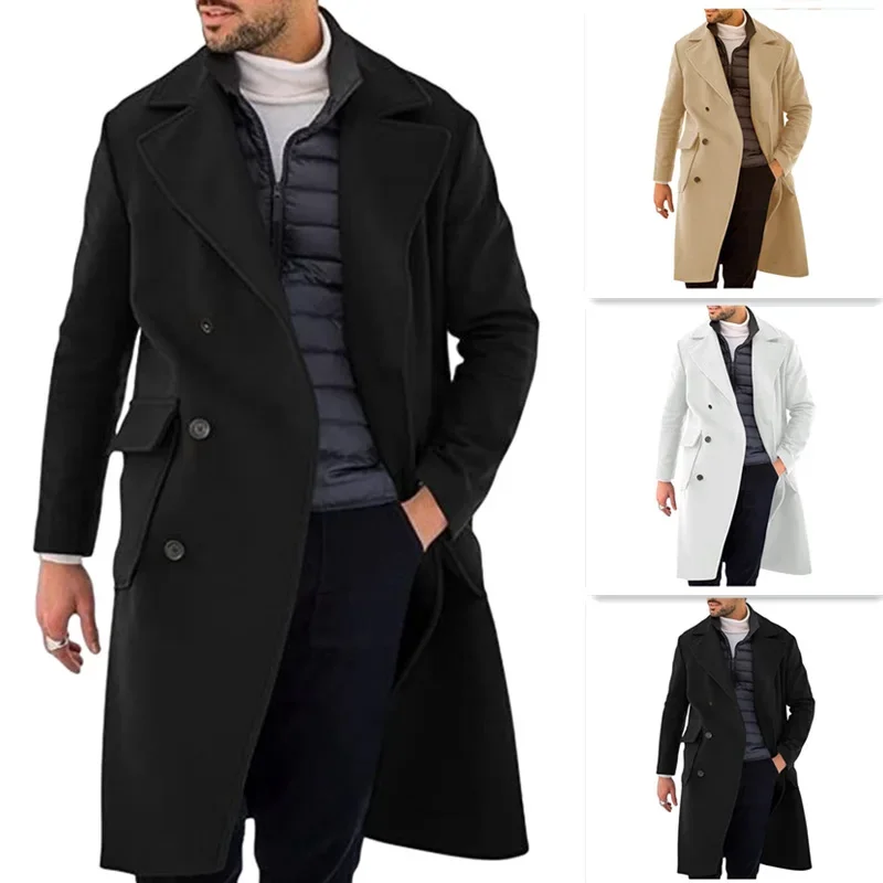 2023 Autumn/Winter New Men's Woolen Coat Thickened Long Fashion Double Breasted Overcoat Menswear Trench Coat