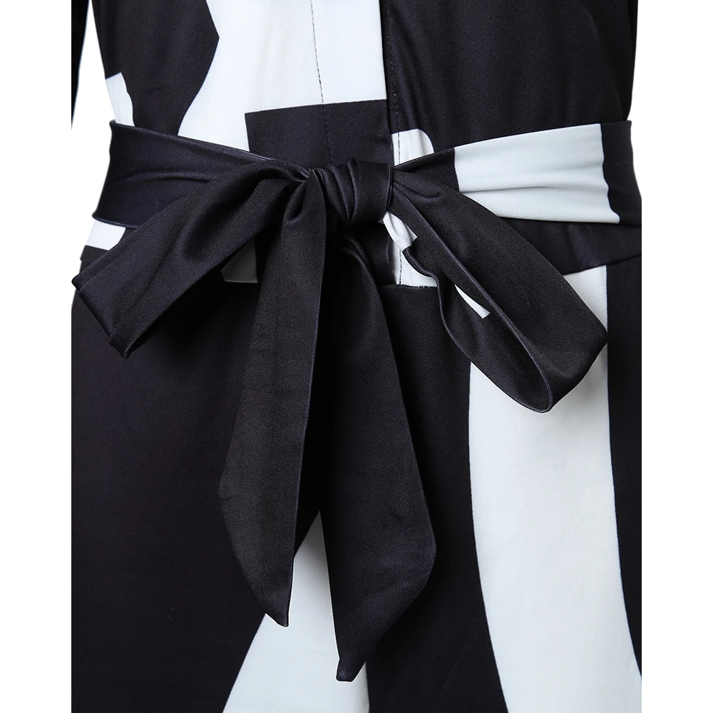 Women Abstract Print Long Sleeve Wide Leg Jumpsuit Party Wear Fashion Femme V Neck Overalls With Belt Lady Jumpsuts Robe Femme