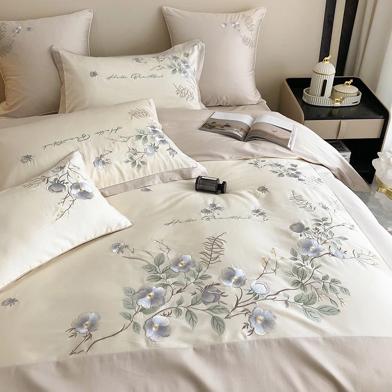 Waliicorners Flowers Quilt Duvet Cover Set Bed Linen Pillow Shams 4Pcs Elegant Orchid Embroidery 1000TC Egyptian Cotton Luxury Bedding Set 28 S9f57f6713fe94e05a8ab5bb6202388273